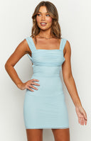 Beginning Boutique Sierra Blue Mesh Mini Dress light blue mesh bodycon mini dress with square neckline and ruched wide straps