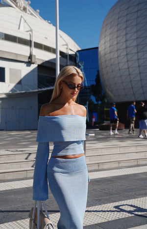 Simona Blue Long Sleeve Off Shoulder Knit Top