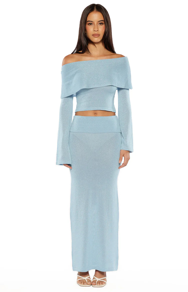 Simona Blue Long Sleeve Off Shoulder Knit Top