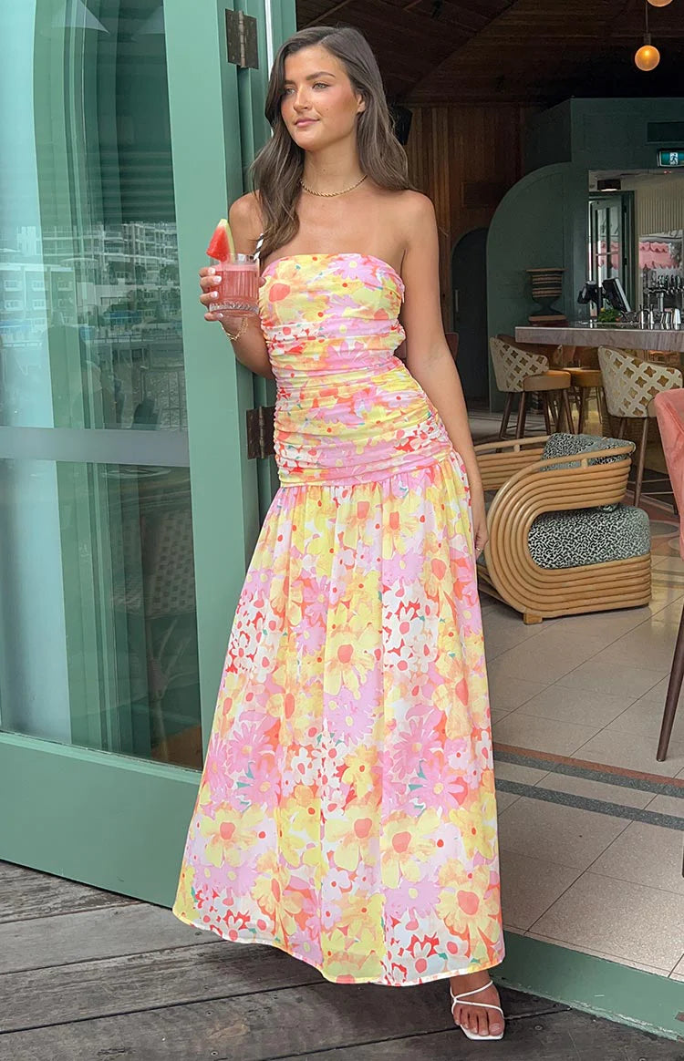 Sinclair Yellow Floral Print Strapless Maxi Dress - US 8