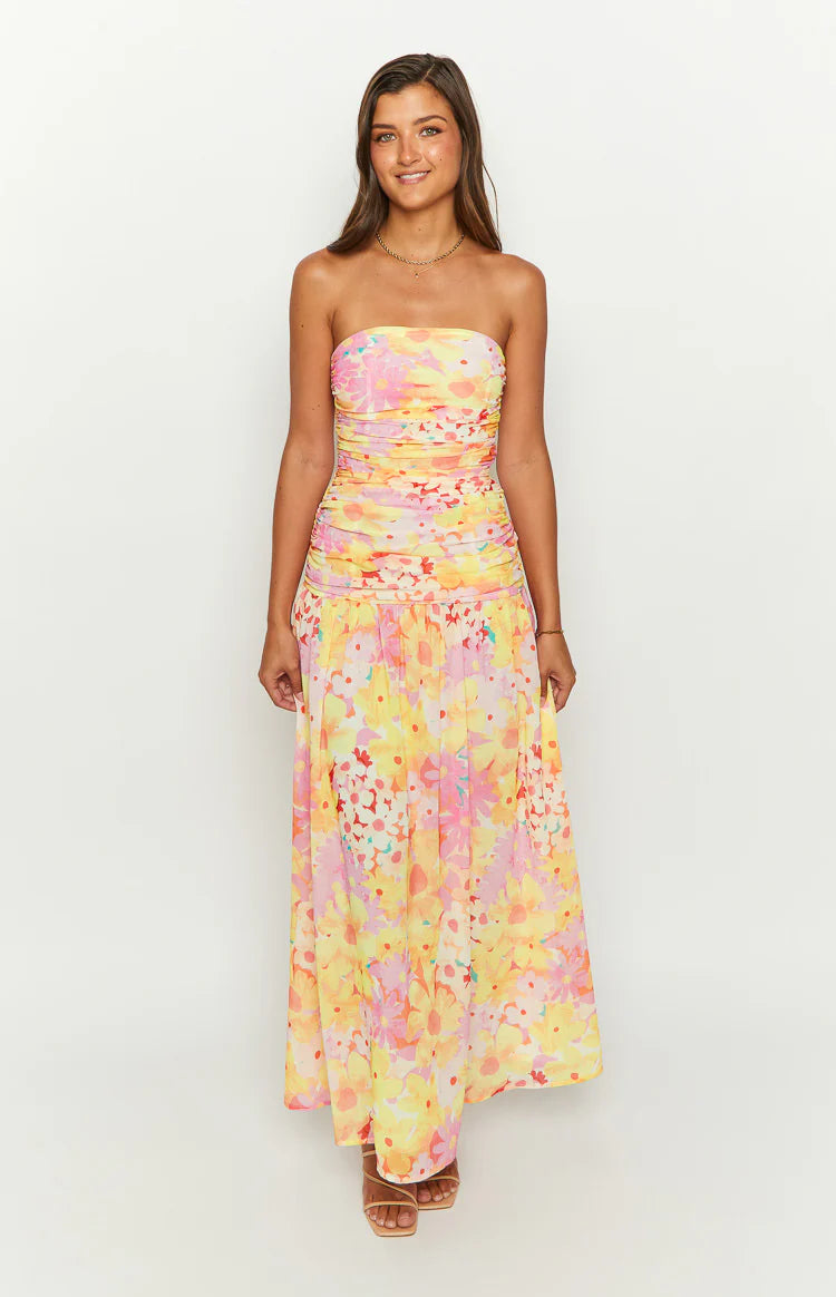 Sinclair Yellow Floral Print Strapless Maxi Dress - US 2 | Beginning Boutique Exclusive Sinclair Yellow Floral Print Strapless Maxi Dress - US 2 | Beginning Boutique Exclusive