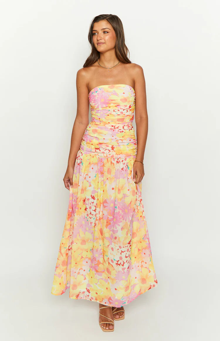 Sinclair Yellow Floral Print Strapless Maxi Dress - US 2 Sinclair Yellow Floral Print Strapless Maxi Dress - US 2