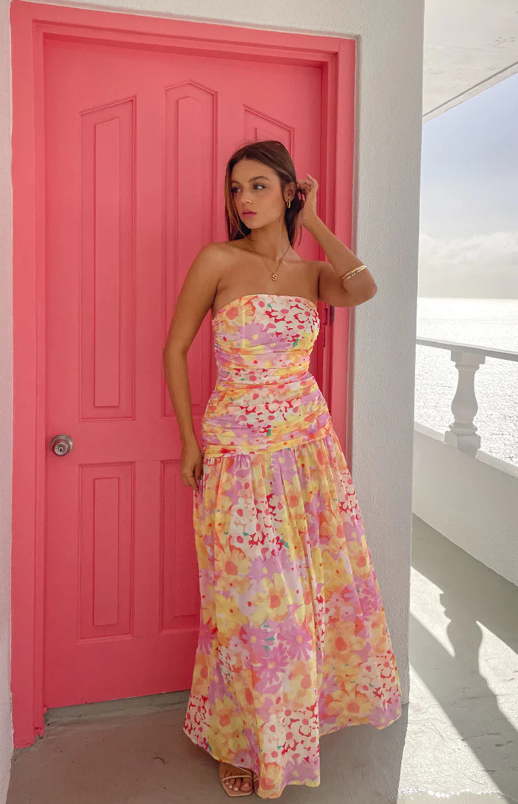 Sinclair Yellow Floral Print Strapless Maxi Dress - US 2 | Beginning Boutique Exclusive Sinclair Yellow Floral Print Strapless Maxi Dress - US 2 | Beginning Boutique Exclusive