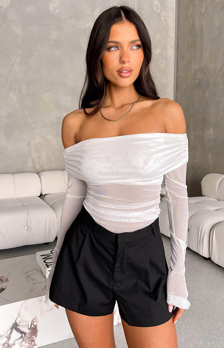 Sky White Mesh Off Shoulder Top
