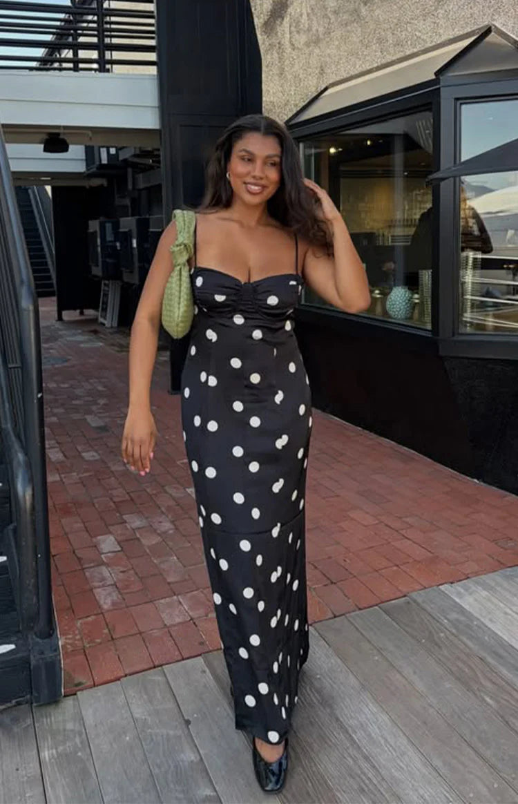 Smith Black Satin Spot Maxi Dress - US 14
