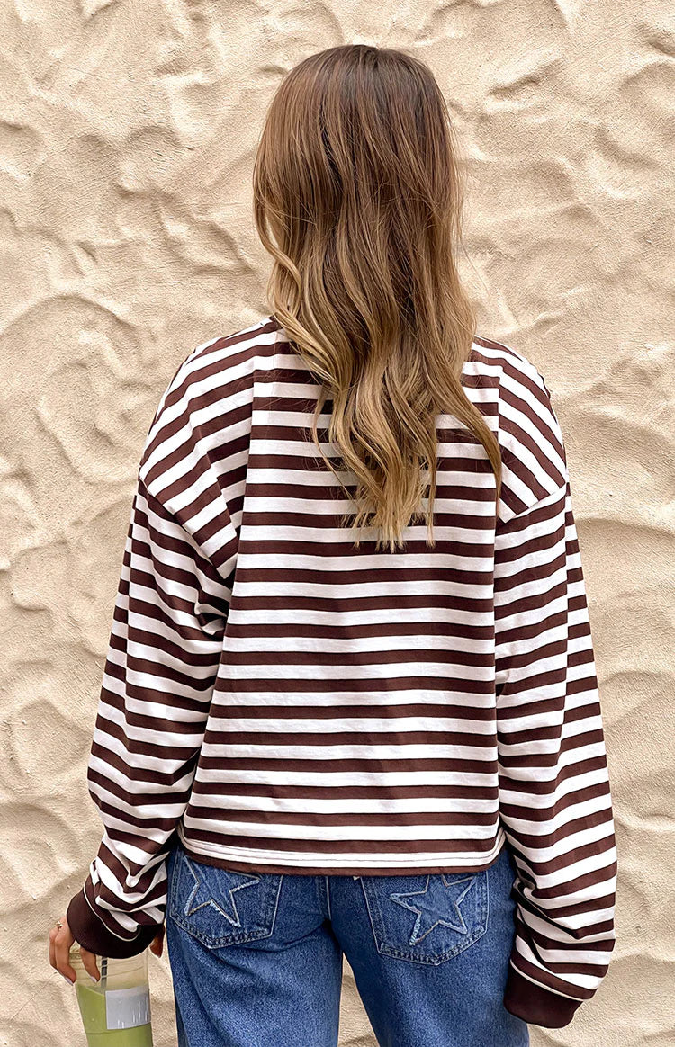 So Breezy Chocolate Stripe Long Sleeve Top | Beginning Boutique US