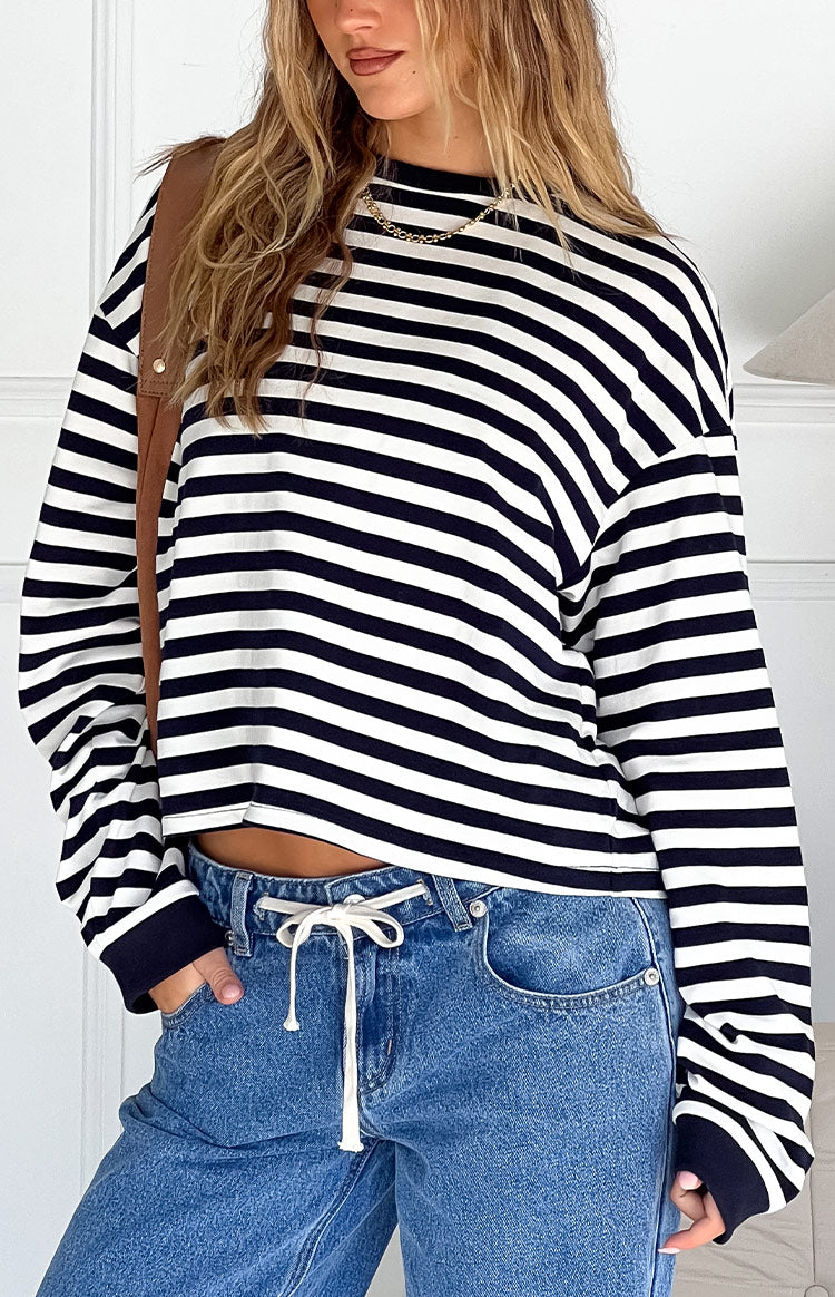 So Breezy Navy Stripe Long Sleeve Top Image