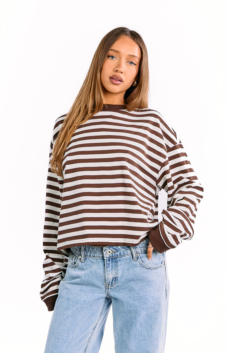 So Breezy Chocolate Stripe Long Sleeve Top Image