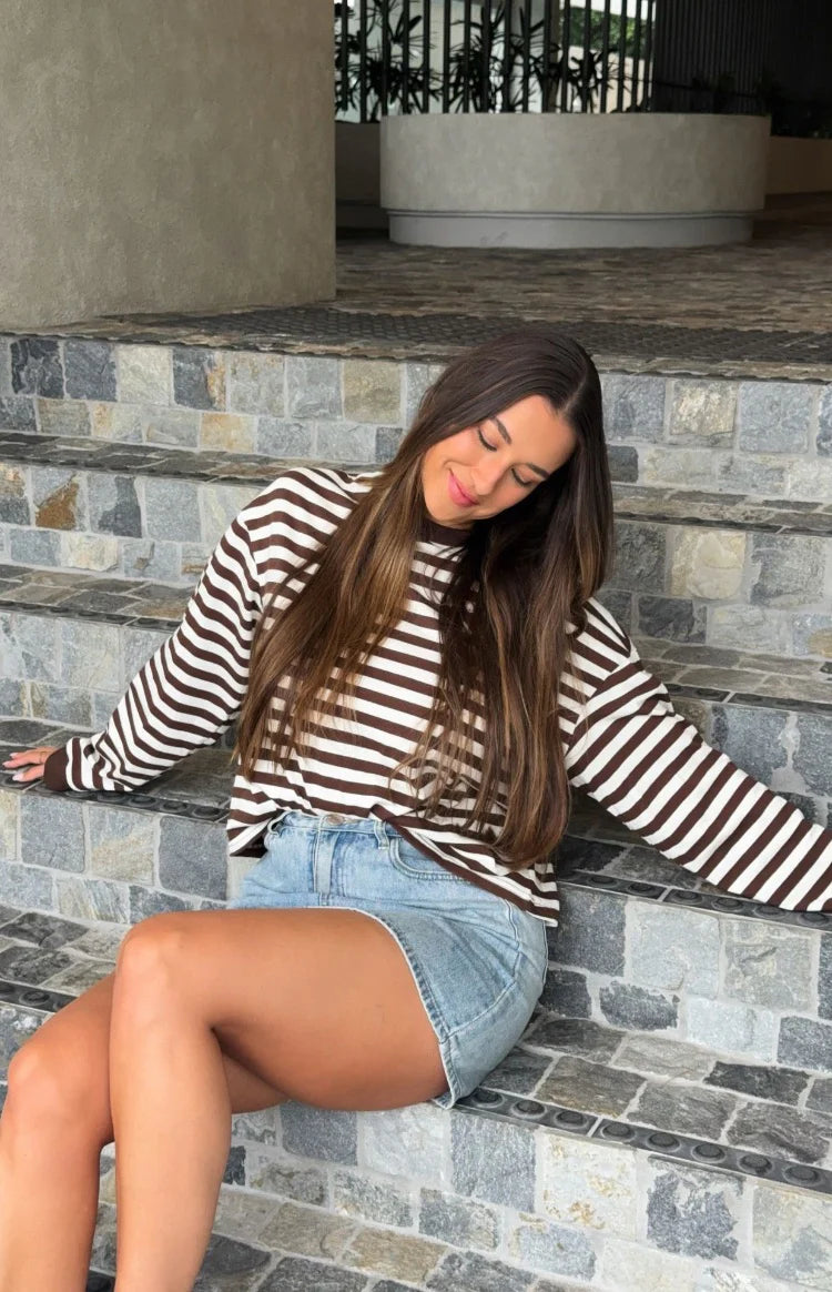 So Breezy Chocolate Stripe Long Sleeve Top | Beginning Boutique US