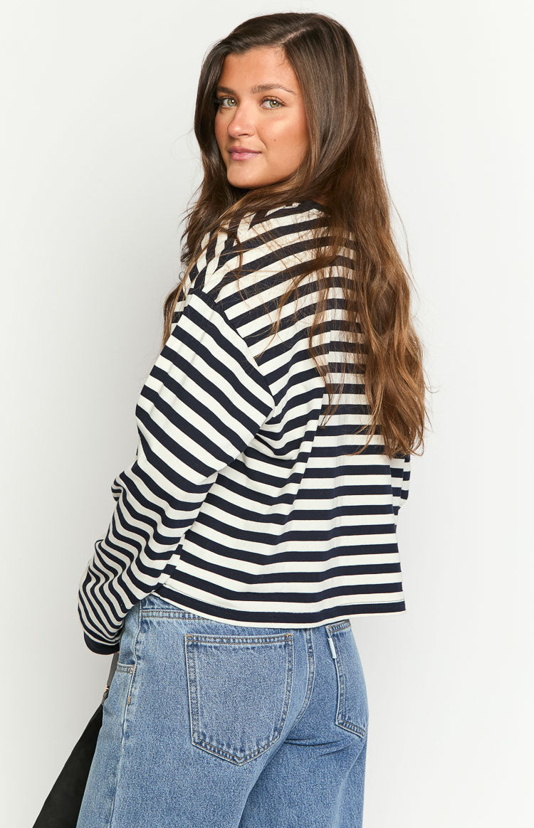 So Breezy Navy Stripe Long Sleeve Top Image