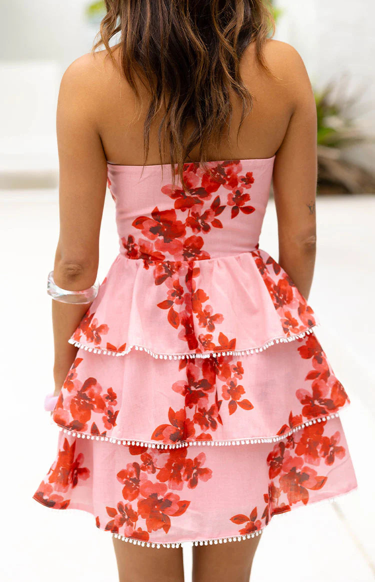 sofia mini dress Sofia Pink Floral Strapless Ruffle Mini Dress - US 6