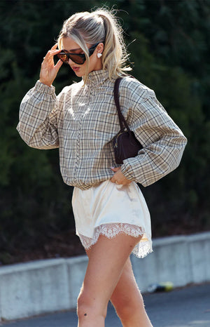 Lee Beige Plaid Funnel Neck Jacket - PRE ORDER