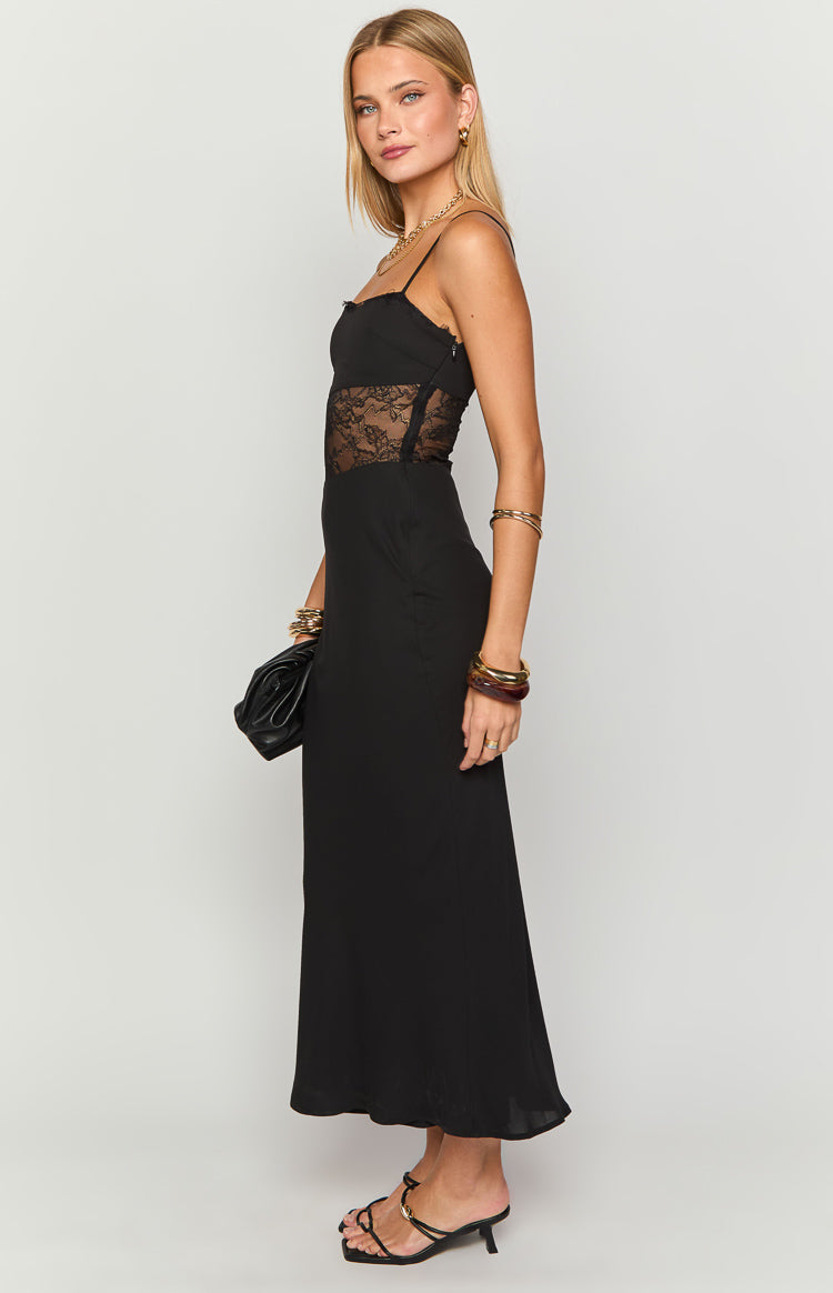 black lace bottom dress Satin Slip Midi Dress with Lace Trim - Black
