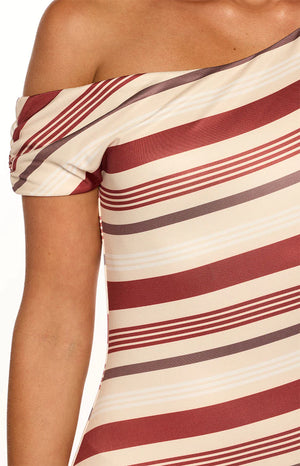 Sophus Cream Stripe Off Shoulder Mini Dress