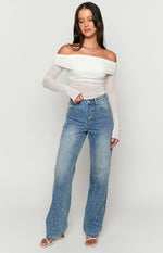Mid wash denim straight leg jeans with all-over rhinestone embellishment and high waist
