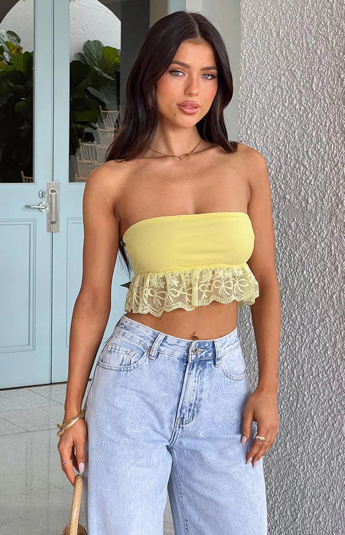 Sparrow Yellow Lace Frill Strapless Crop Top | Beginning Boutique US