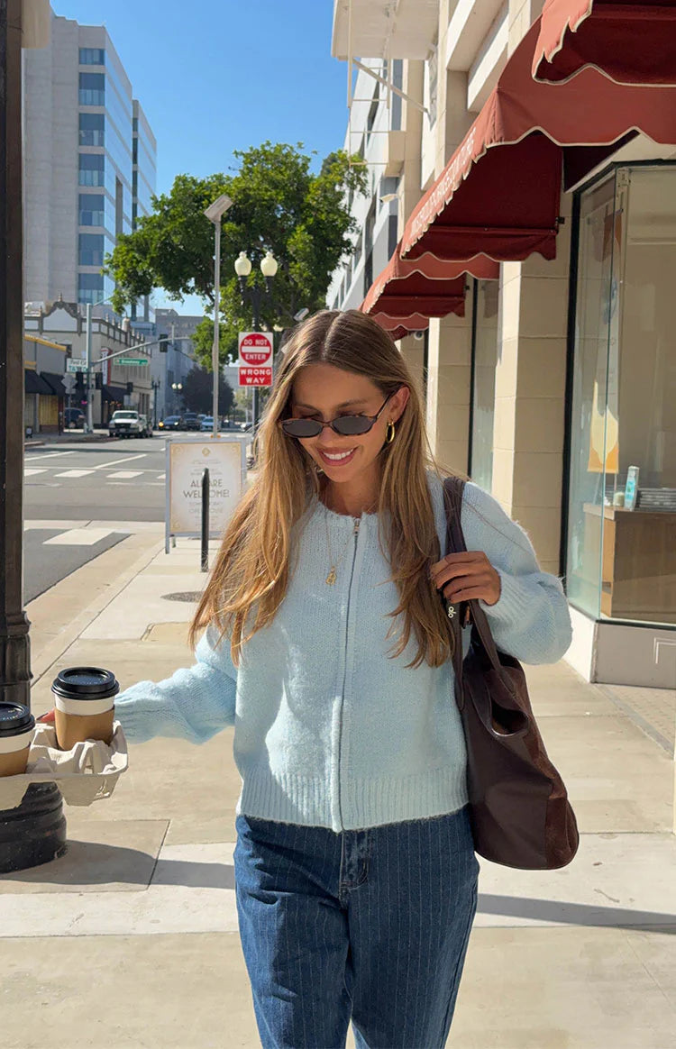 Stacey Light Blue Zip Knit Cardigan | Beginning Boutique US