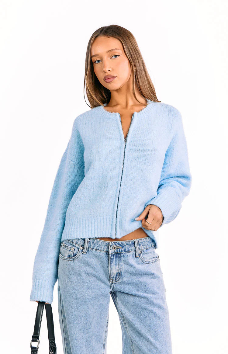 Stacey Light Blue Zip Knit Cardigan | Beginning Boutique US
