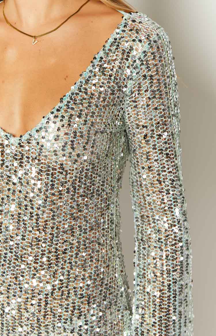 Stellar Shimmer Blue Long Sleeve Mini Dress - US 12 | Beginning Boutique Exclusive Stellar Shimmer Blue Long Sleeve Mini Dress - US 12 | Beginning Boutique Exclusive