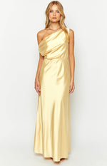 Full front view of a yellow satin one-shoulder maxi dress with a draped neckline and a flowing skirt