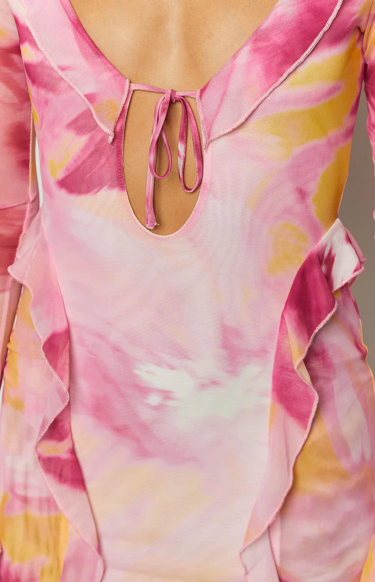 Surround Sound Pink Floral Mesh Long Sleeve Mini Dress - US 8 | Beginning Boutique exclusive
