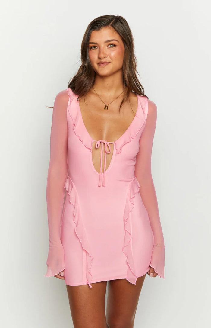 Surround Sound Pink Mesh Long Sleeve Mini Dress - US 8