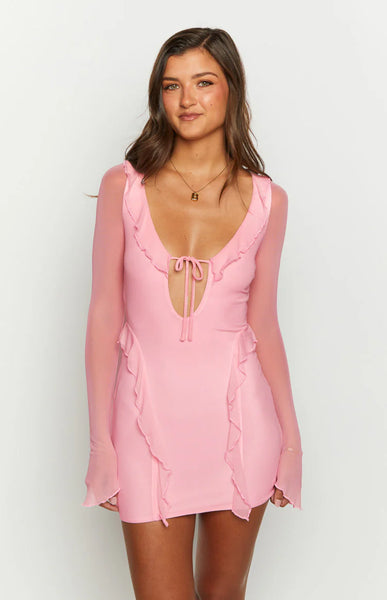 Surround Sound Pink Mesh Long Sleeve Mini Dress - US 8