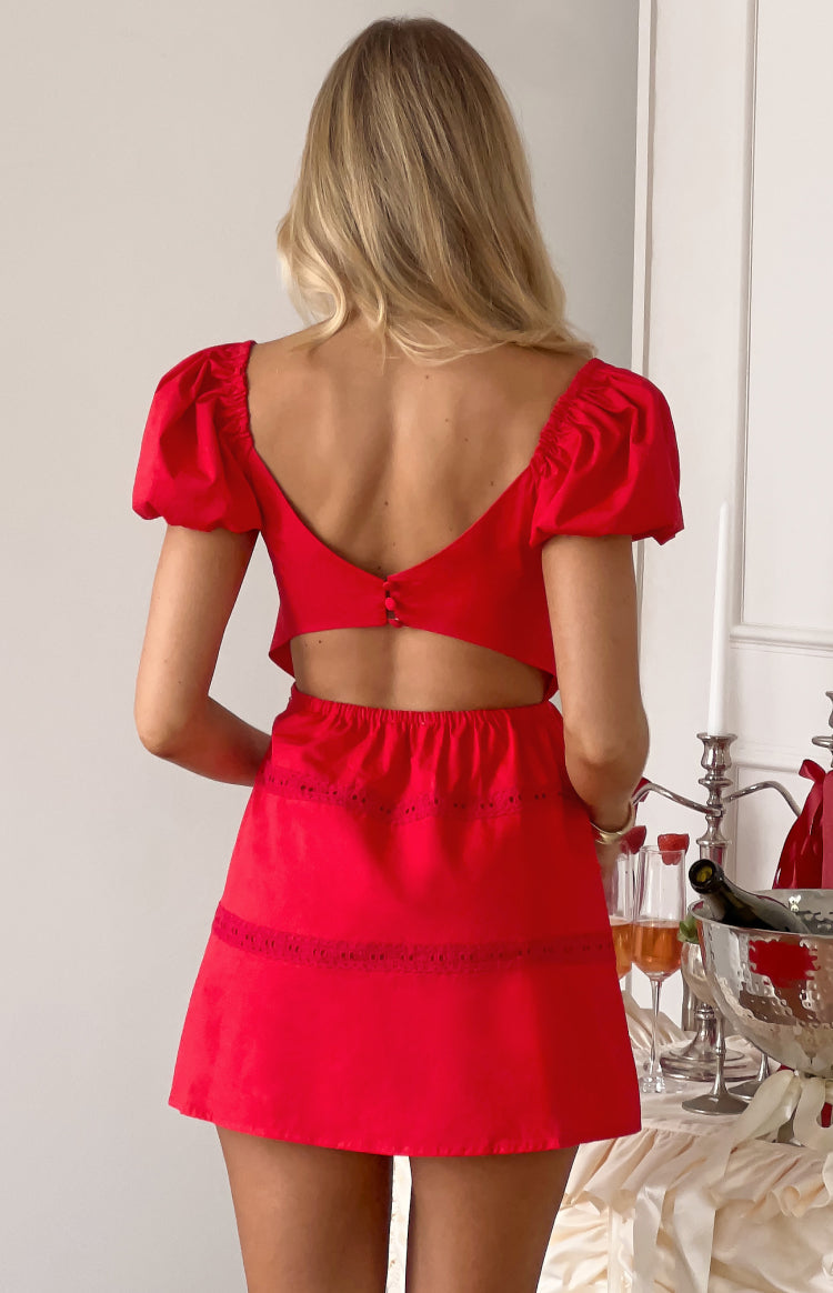 Rear view of a red cotton mini dress with a low V-back, three buttons, waist cutouts, and broderie trim on the skirt