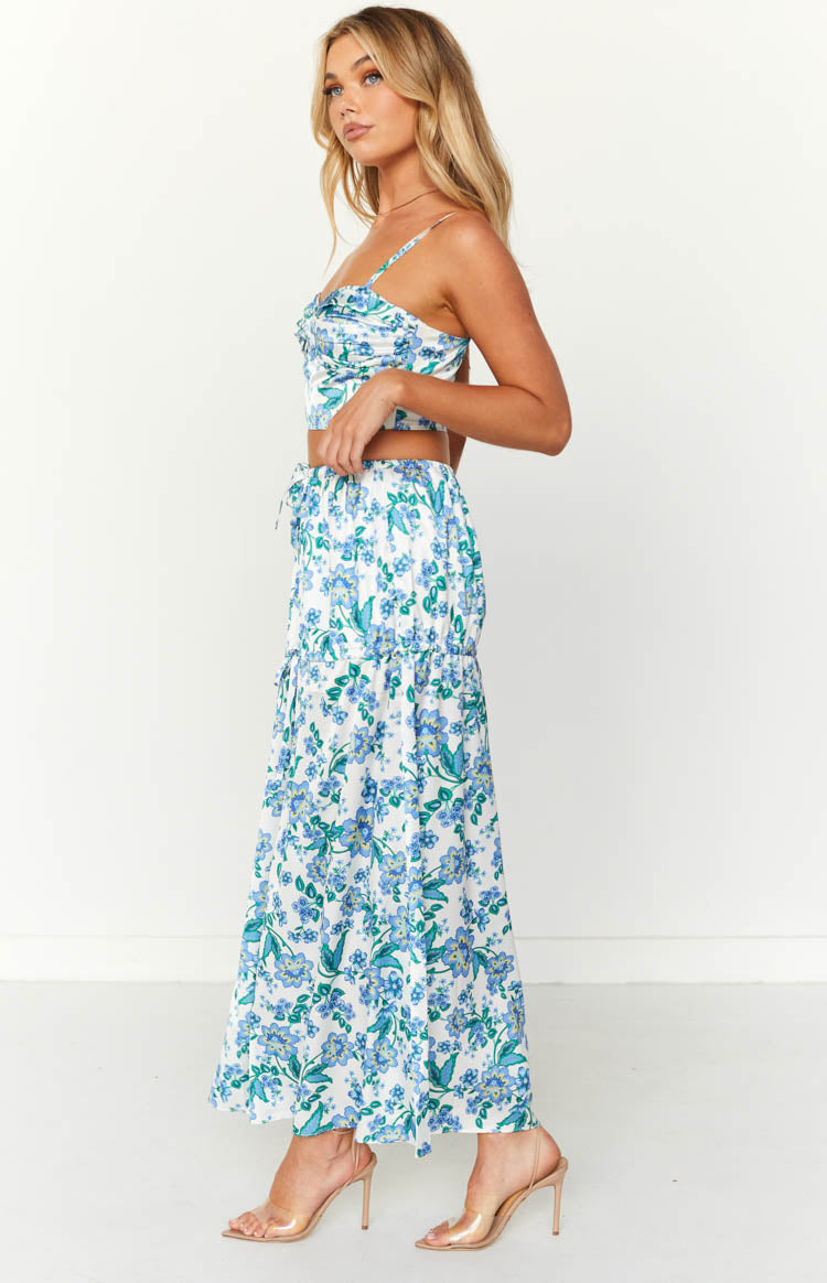 Sweet Satin Blue Floral Maxi Skirt Image