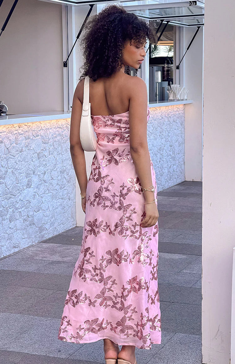 Tari Pink Butterfly Sequin Maxi Dress - US 4 | Beginning Boutique Exclusive Tari Pink Butterfly Sequin Maxi Dress - US 4 | Beginning Boutique Exclusive