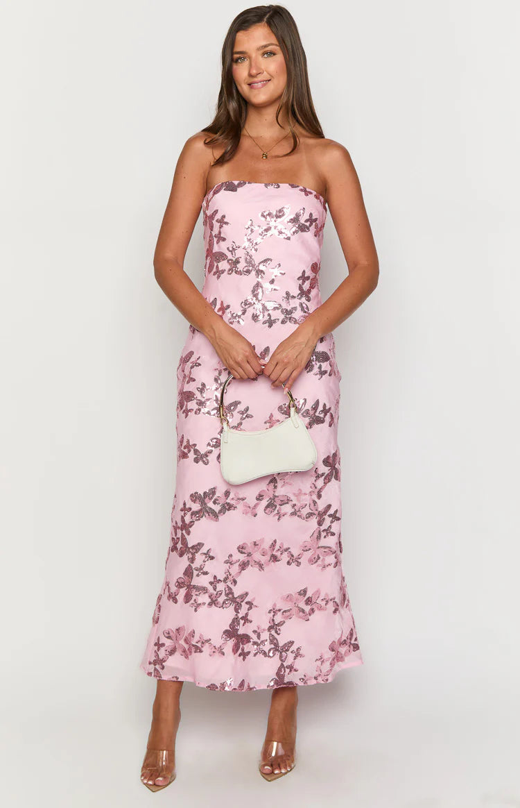 Tari Pink Butterfly Sequin Maxi Dress - US 4 | Beginning Boutique Exclusive Tari Pink Butterfly Sequin Maxi Dress - US 4 | Beginning Boutique Exclusive