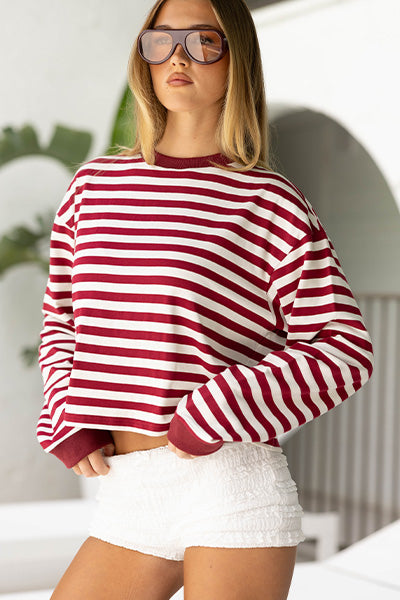 Striped long sleeve top styled with shorts and sunglasses