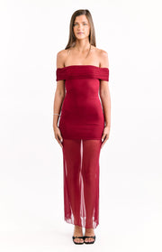 Front view of a wine off-shoulder maxi dress with a ruched bodice and sheer mesh skirt