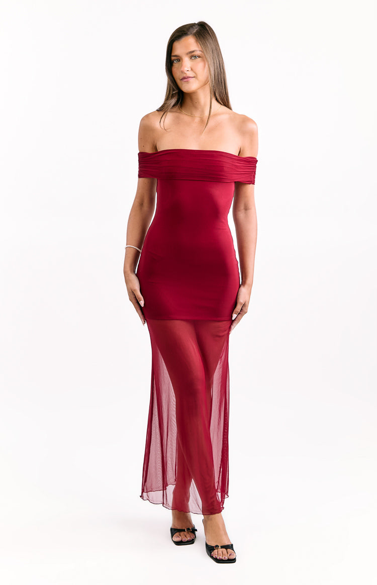 Tabitha Wine Off Shoulder Mesh Maxi Dress Image