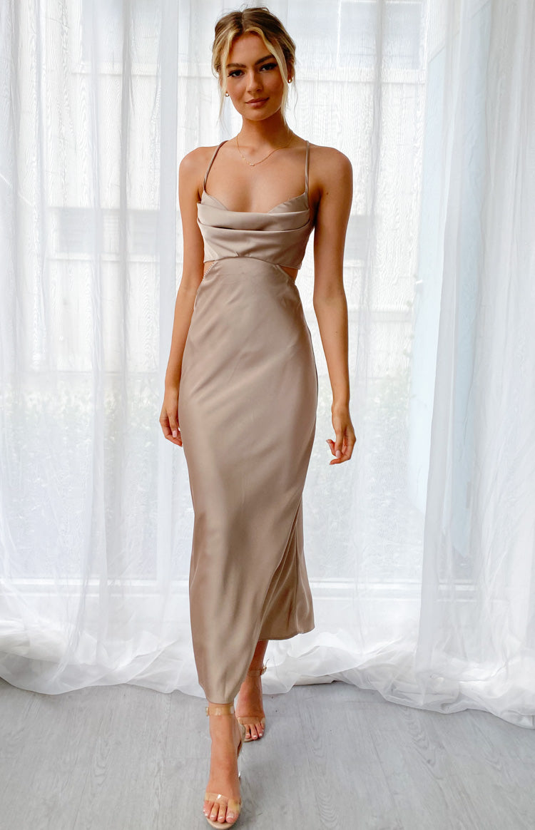 Mocha Taleah Cut Out Maxi Dress featuring a draped cowl neckline, thin spaghetti straps, and side waist cutouts