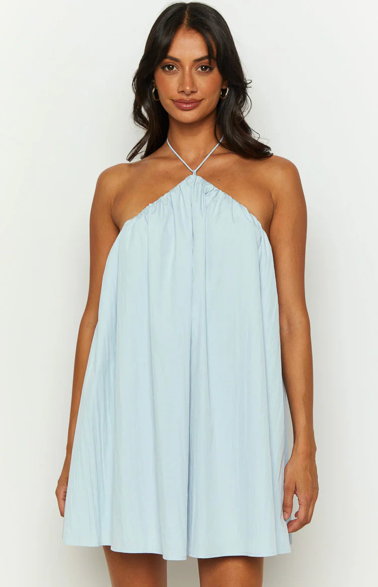 Talei Blue Halter Puff Mini Dress | Beginning Boutique US Talei Blue Halter Puff Mini Dress | Beginning Boutique US