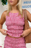 Beginning Boutique Tango Red Top red and white gingham square neck sleeveless top with shirred bodice and ruffled hem