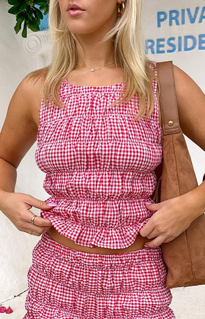 Beginning Boutique Tango Red Top red and white gingham square neck sleeveless top with shirred bodice and ruffled hem