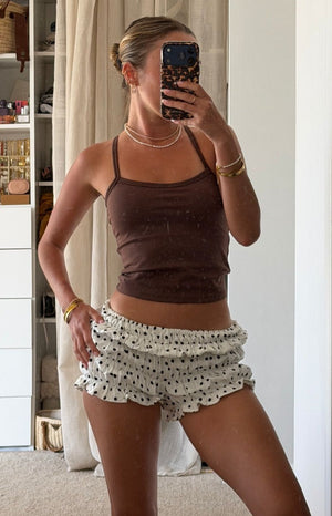 Beginning Boutique Tango White Polka Dot Shorts white mini shorts with black polka dots, ruffled elastic waist, and tiered ru