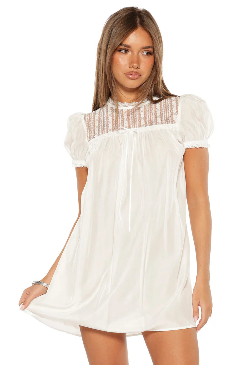 sheer lace top mini dress Taste White Sheer Lace Detail Mini Dress - US 4