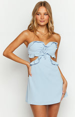 Blue strapless mini dress with a ruched drawstring bust, ruffled trim, and cutouts at the waist