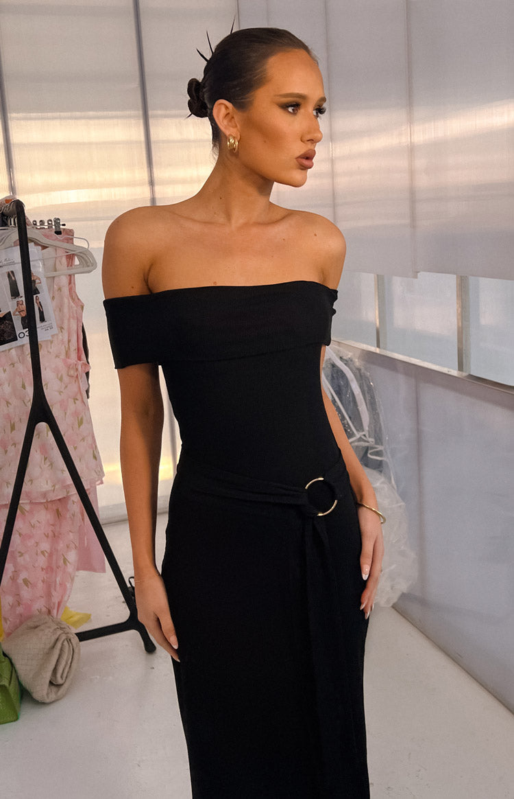 The Sophia Off The Shoulder Belt Black Maxi Dress Image