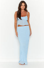 Light blue crinkled maxi skirt with a fitted silhouette and subtle hem flare