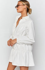 White collared dress with gathered bodice, drawstring waist, and long elasticated sleeves