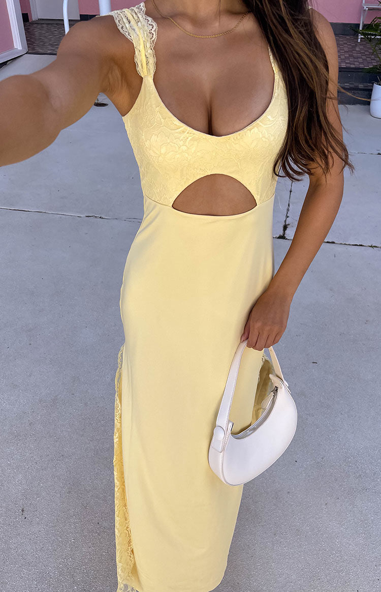 open lace back dress Tiana Yellow Lace Maxi Dress