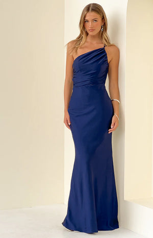 Beginning Boutique Tina Navy Formal Maxi Dress navy one-shoulder ruched fitted formal maxi dress