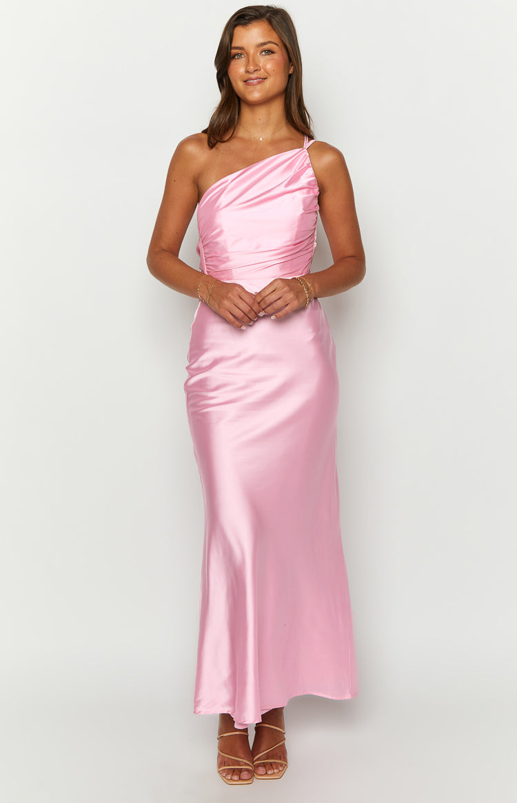 Pink satin maxi dress with a single thin shoulder strap and a gathered, draped one-shoulder neckline