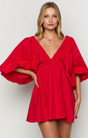 Beginning Boutique Torie Red Short Sleeve Mini Dress red deep V-neck voluminous puff sleeve smocked waist A-line mini dress