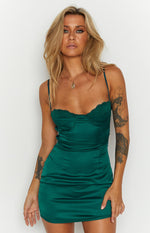 Emerald satin mini dress with a lace-trimmed sweetheart neckline, thin straps, and corset-style bodice