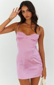 Front view of a pink satin mini dress featuring a lace-trimmed bustier bodice with underwire cups